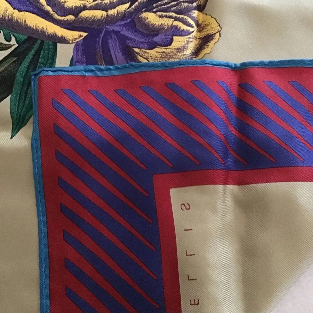 Vintage Perry Ellis Silk Scarf Floral Bouquet Tan Purple Red Square Neck Scarf
